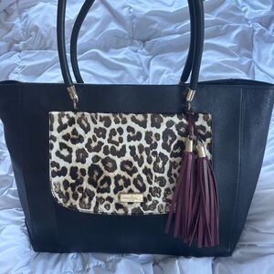kate spade new york Black and Leopard Tote with Burgundy Tassels